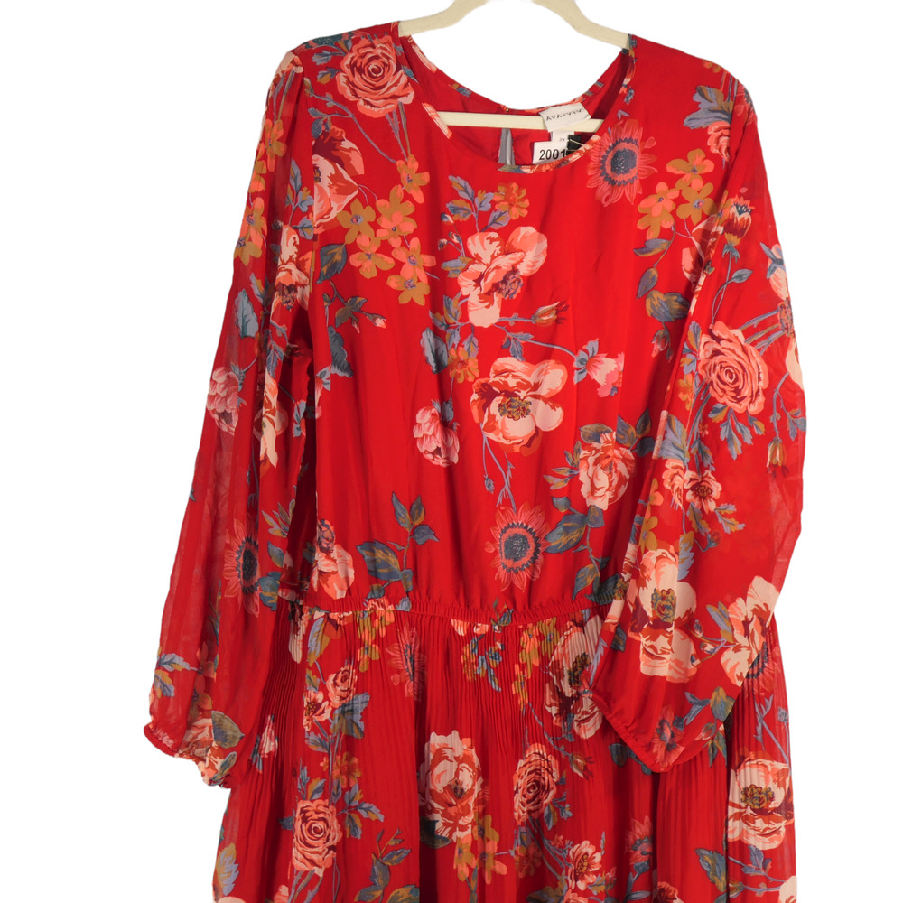 Ava & Viv Floral Dress Womens 2XL Red Mini Pleated Sheer Sleeve Cottagecore - Picture 2 of 7